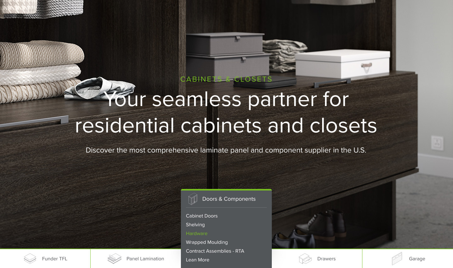 Cabinets & Closets page with sticky category navigation open